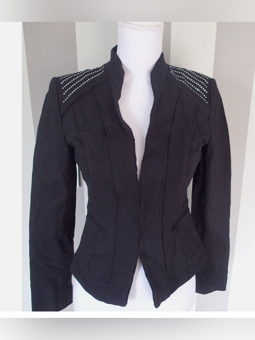 White House Black Market Black Stud-Shoulder Zip Blazer